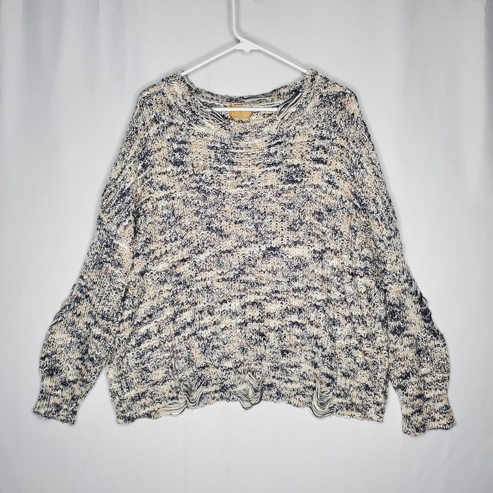 Pol Sweater Women Large Distressed Ripped Brown Marled Knit Oversized Grunge